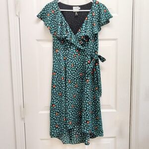 Anthropologie HD in Paris Faux Wrap Dress Teal Size 4 Ruffle Cottagecore Fairy